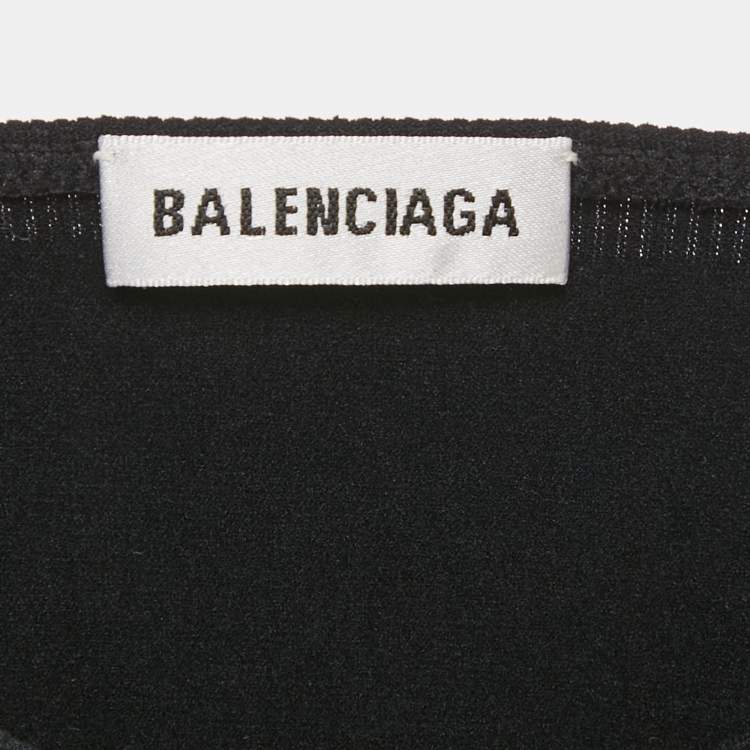 Pre Owned Balenciaga Black Logo Print Mesh Trim Jersey Fitted Top S