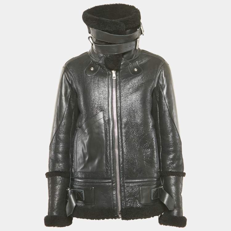 Pre Owned Balenciaga Black Logo Print Leather and Shearling Oversized Jacket S