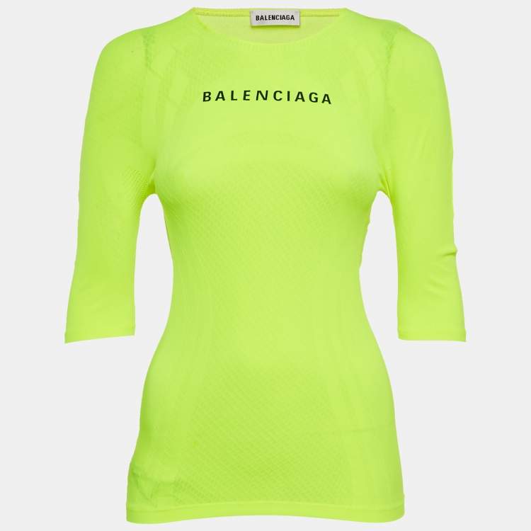Pre Owned Balenciaga Acid Green Logo Print Mesh Jersey Fitted Top S