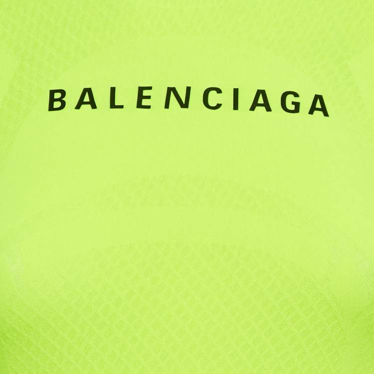 Pre Owned Balenciaga Acid Green Logo Print Mesh Jersey Fitted Top S
