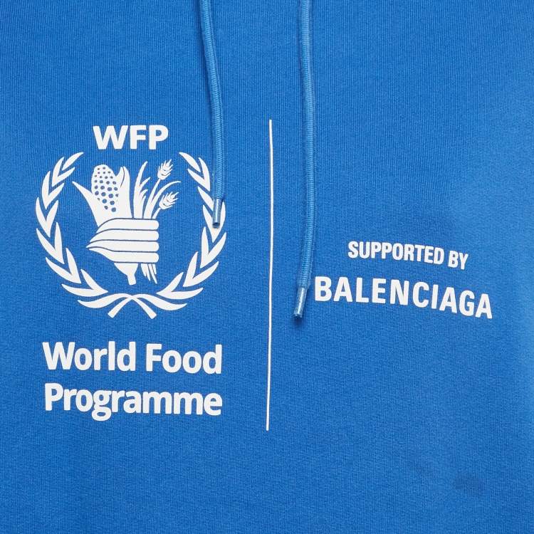 Pre Owned Balenciaga Blue World Food Programme Logo Print Cotton Hoodie XS