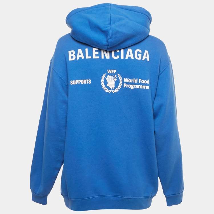 Pre Owned Balenciaga Blue World Food Programme Logo Print Cotton Hoodie XS