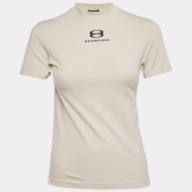 Pre Owned Balenciaga Beige Logo Print Jersey T-Shirt S