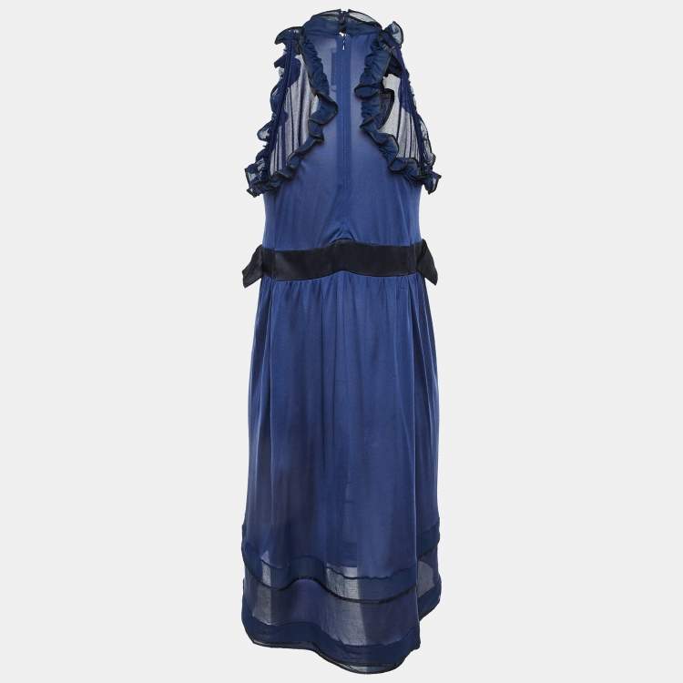 Pre Owned Balenciaga Navy Blue Silk Knit Ruffle Knit Mini Dress M
