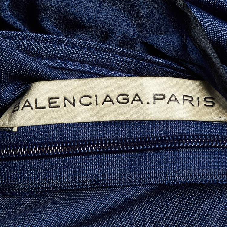 Pre Owned Balenciaga Navy Blue Silk Knit Ruffle Knit Mini Dress M