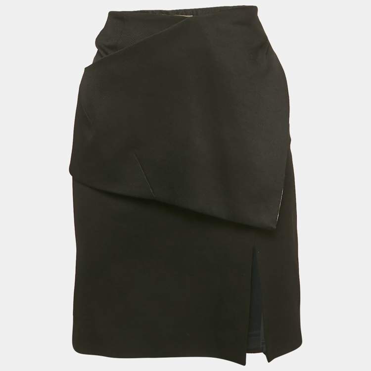 Pre Owned Balenciaga Black And Pink Gabardine Asymmetrical Overlap Pencil Skirt L 