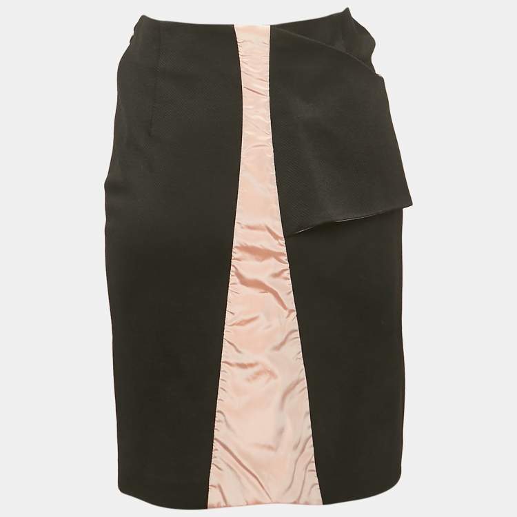 Pre Owned Balenciaga Black And Pink Gabardine Asymmetrical Overlap Pencil Skirt L 