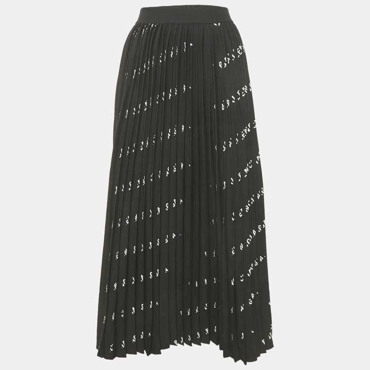 Pre Owned Balenciaga Black All-Over Logo Print Knit Pleated Midi Skirt M