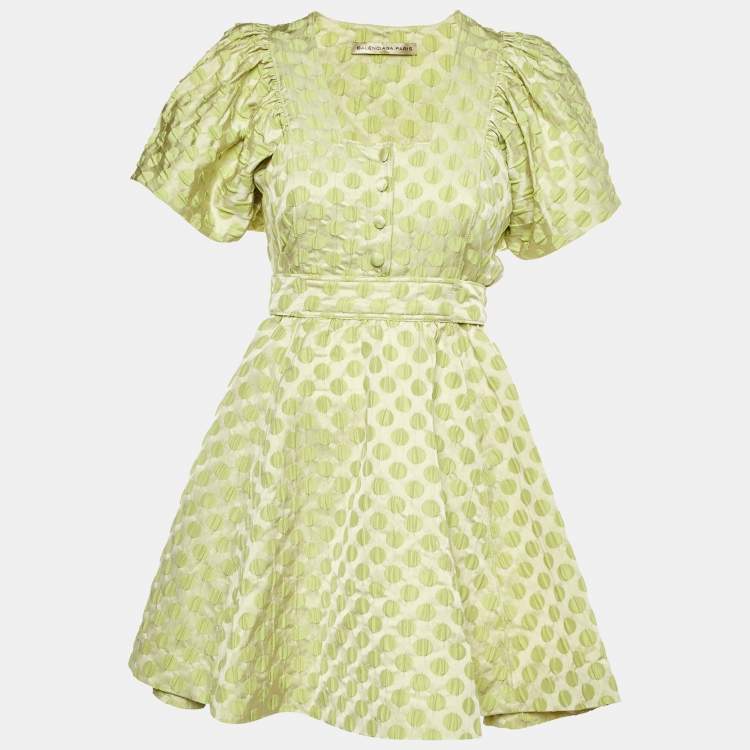 Pre Owned Balenciaga Green Dotted Silk Jacquard Midi Dress M