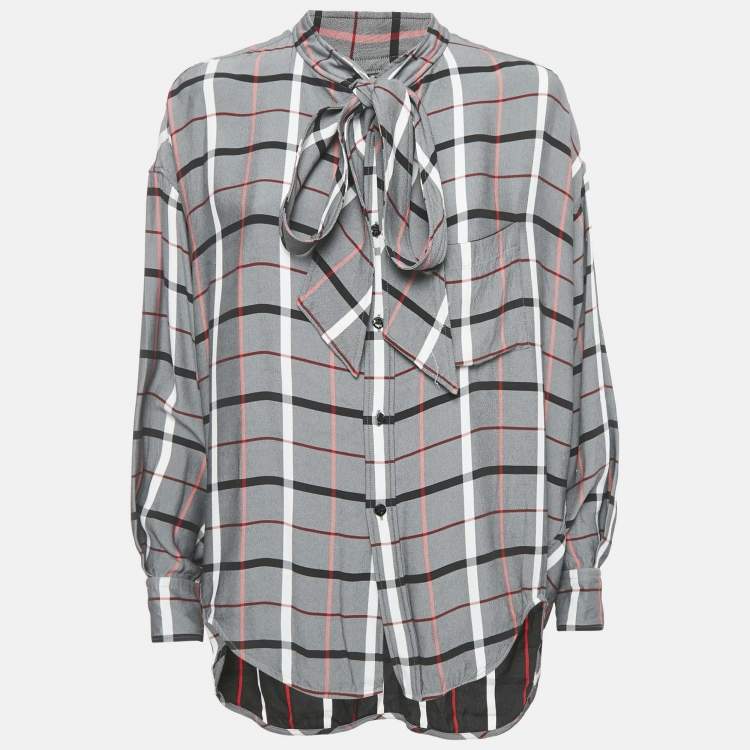 Pre Owned Balenciaga Grey Checkered Print Crepe Front Tie-Up Blouse S 