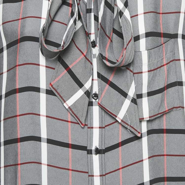 Pre Owned Balenciaga Grey Checkered Print Crepe Front Tie-Up Blouse S 