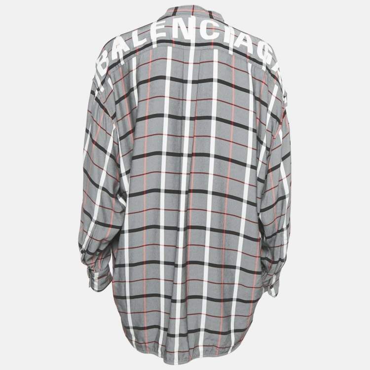 Pre Owned Balenciaga Grey Checkered Print Crepe Front Tie-Up Blouse S 