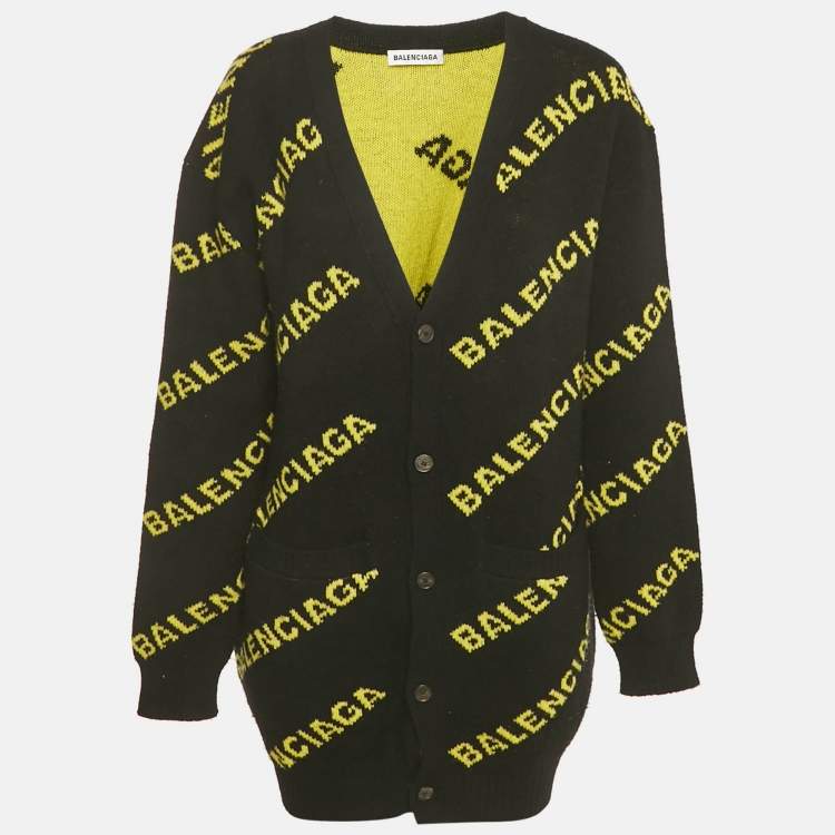 Pre Owned Balenciaga Black Logo Intarsia Wool Knit Long Cardigan L