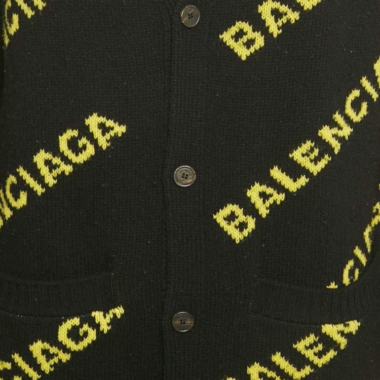 Pre Owned Balenciaga Black Logo Intarsia Wool Knit Long Cardigan L
