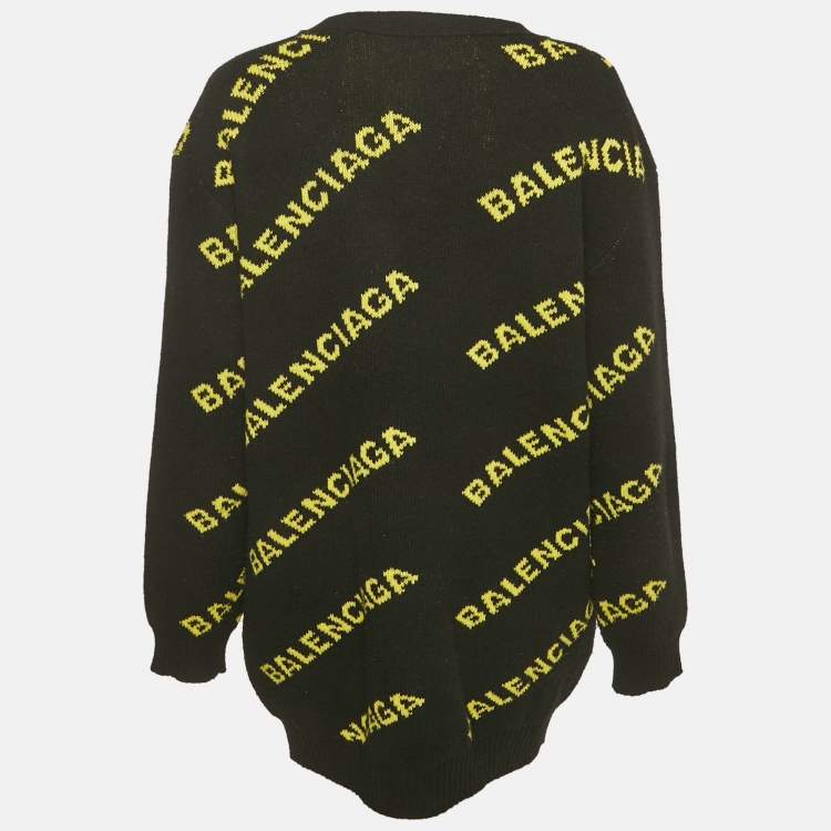 Pre Owned Balenciaga Black Logo Intarsia Wool Knit Long Cardigan L