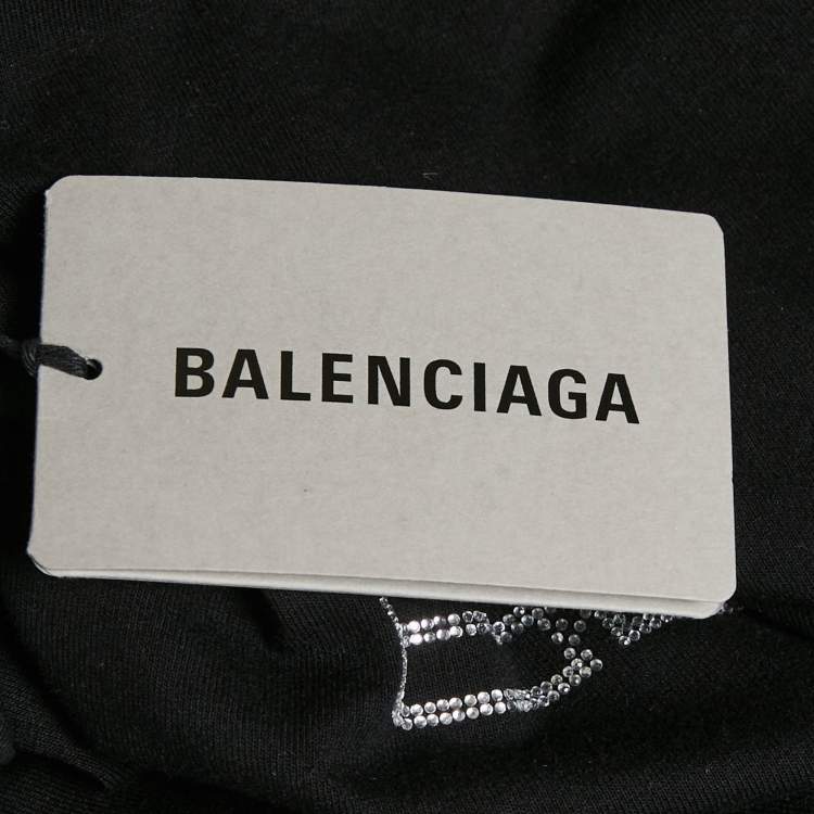 Pre Owned Balenciaga Unisex Black Logo Rhinestone Jersey Fitted T-Shirt M