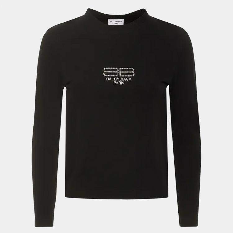 Pre Owned Balenciaga Unisex Black Logo Rhinestone Jersey Fitted T-Shirt M