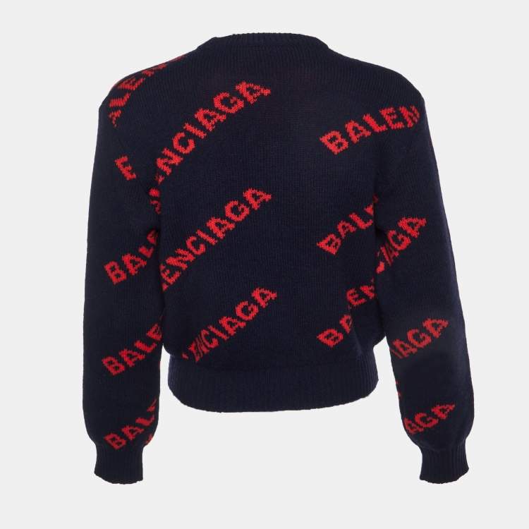 Pre Owned Balenciaga Navy Blue Logo Intarsia Wool Crew Neck Sweater XS