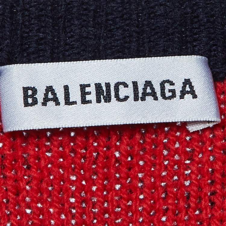 Pre Owned Balenciaga Navy Blue Logo Intarsia Wool Crew Neck Sweater XS