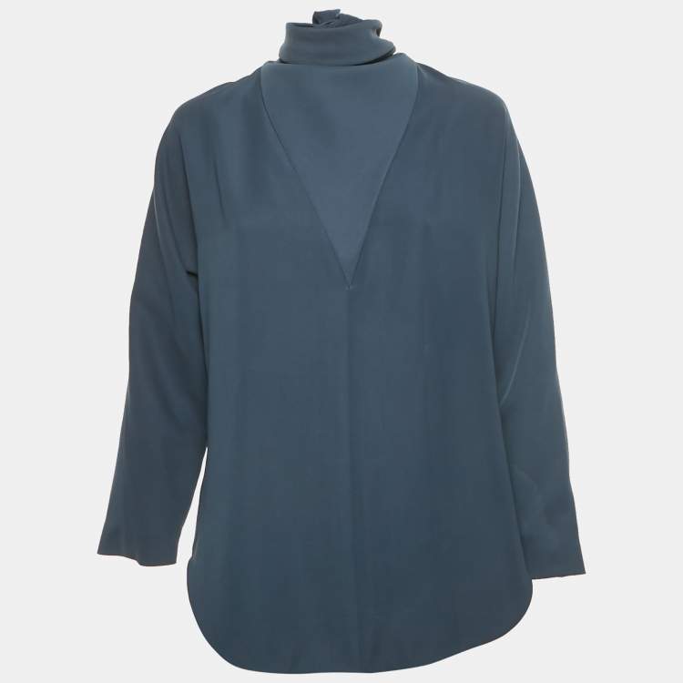 مملوكة مسبقًا Balenciaga Navy Blue Crepe Tie -Up Top M 