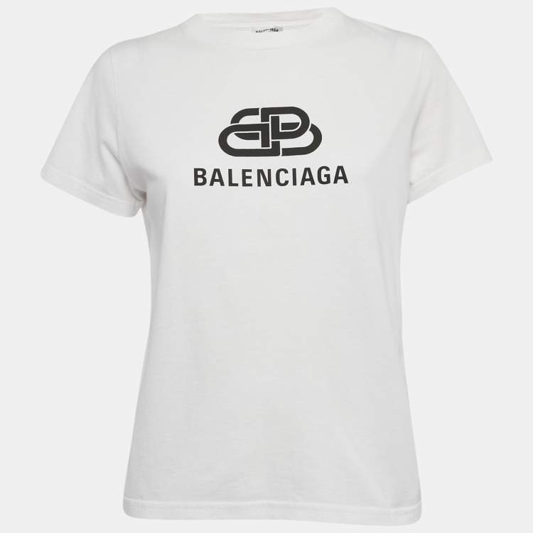 Pre Owned Balenciaga White BB Logo Print Cotton Crewneck-Shirt M