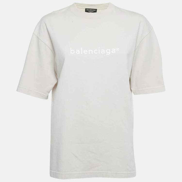 Pre Owned Balenciaga Beige Logo Print Cotton Crewneck T-Shirt XXS 