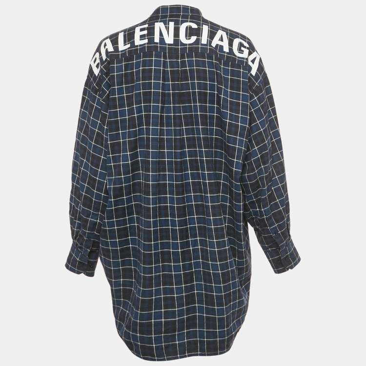 Pre Owned Balenciaga Navy Blue Logo Print Flannel Cotton Oversized Shirt S