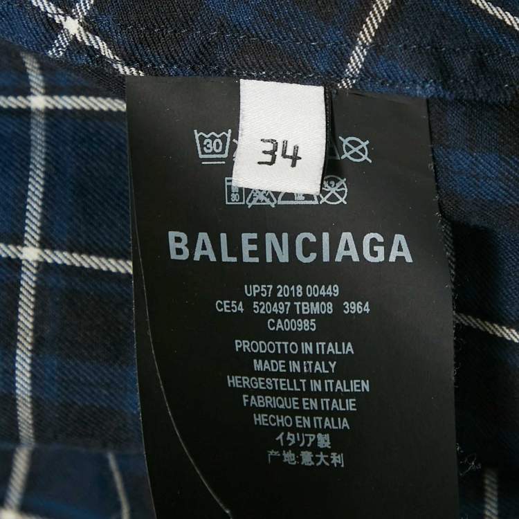 Pre Owned Balenciaga Navy Blue Logo Print Flannel Cotton Oversized Shirt S