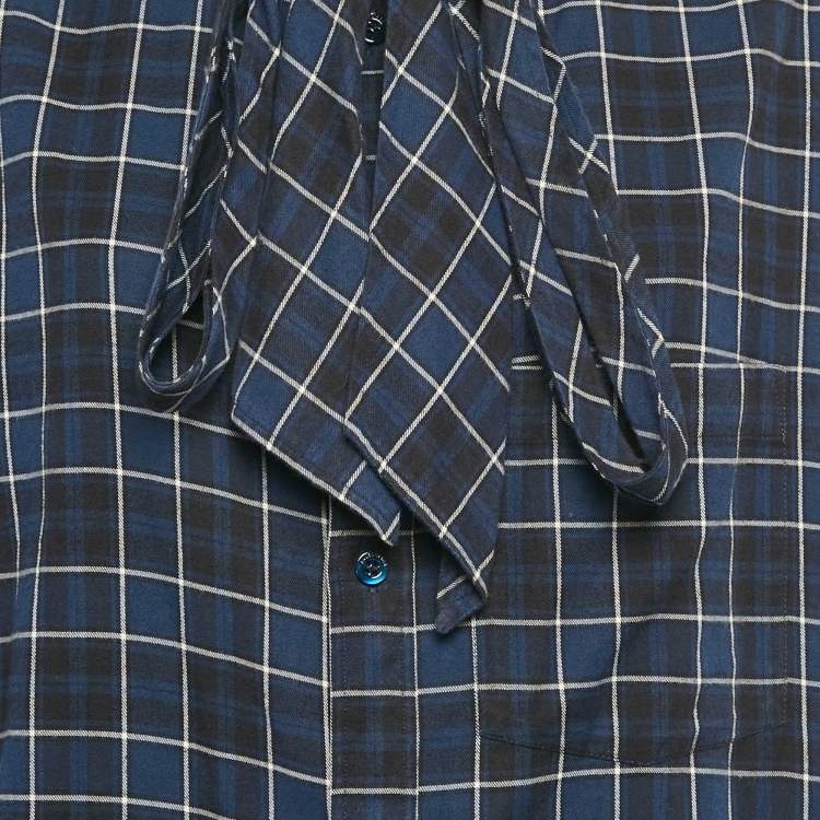 Pre Owned Balenciaga Navy Blue Logo Print Flannel Cotton Oversized Shirt S