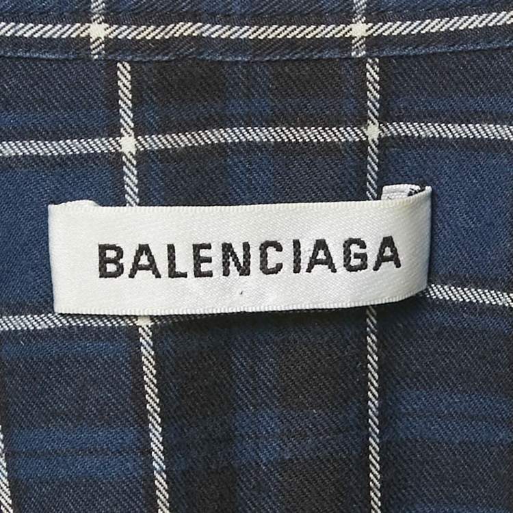 Pre Owned Balenciaga Navy Blue Logo Print Flannel Cotton Oversized Shirt S