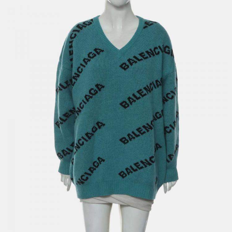 Pre Owned Balenciaga Logo Knitted Blue Sweater FR 36