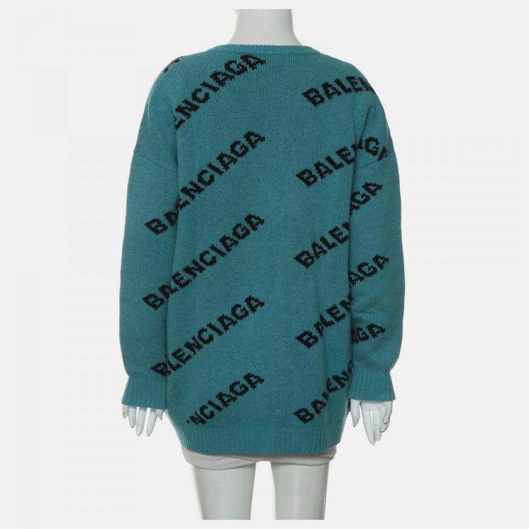 Pre Owned Balenciaga Logo Knitted Blue Sweater FR 36