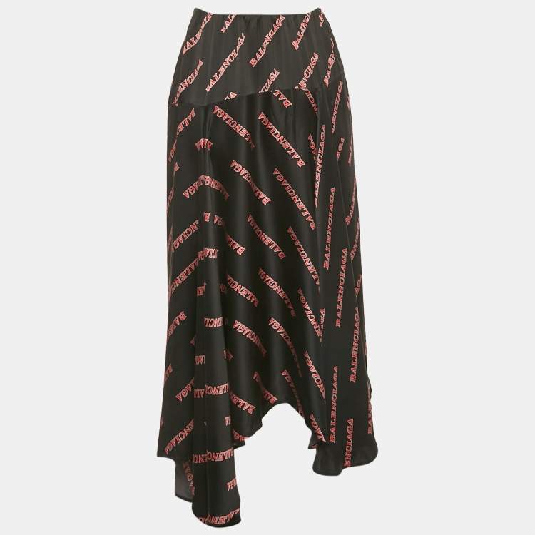 Pre Owned Balenciaga Black Logo Print Satin Silk Asymmetric Midi Skirt M
