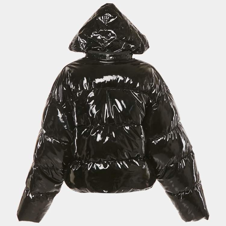 Pre Owned Balenciaga Black Synthetic Glossy Concealed Hood Cropped Puffer Jacket M