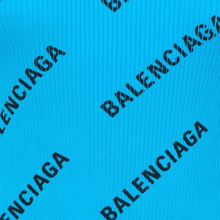 Pre Owned Balenciaga Blue Logo Print Rib Knit Wrapped Midi Dress M