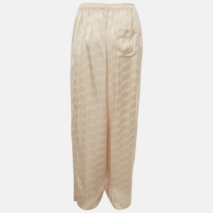 Pre Owned Balenciaga Beige Monogram Satin Wide-Leg Trousers M