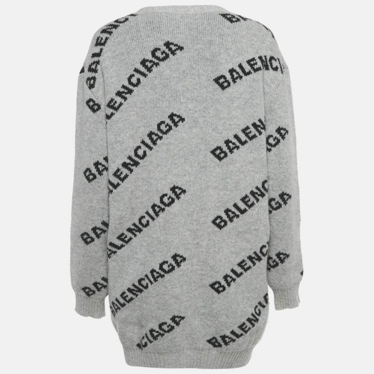 Pre Owned Balenciaga Grey Logo All Over Wool Knit Cardigan M