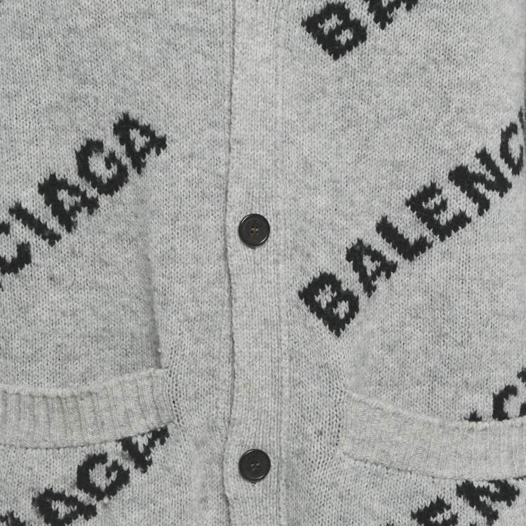 Pre Owned Balenciaga Grey Logo All Over Wool Knit Cardigan M