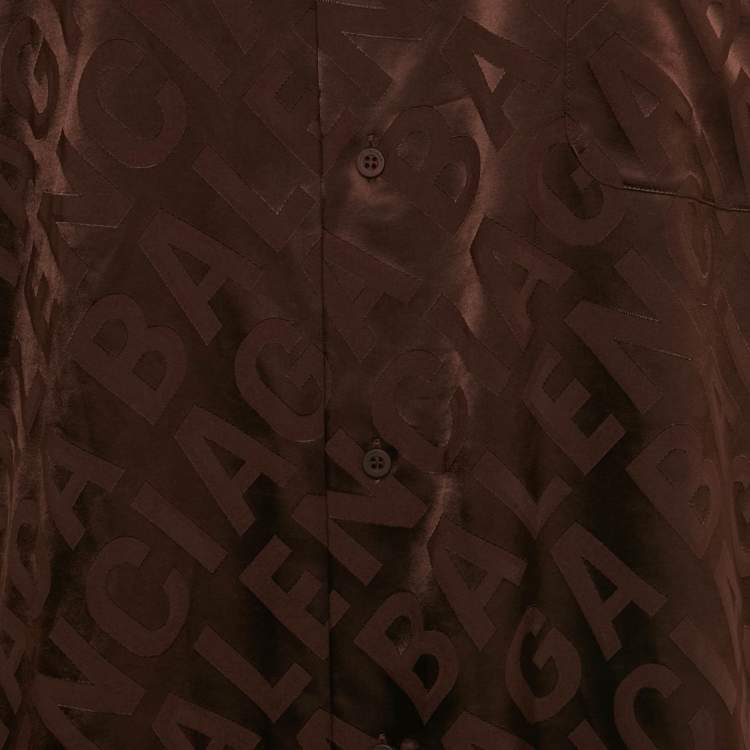 Pre Owned Balenciaga Unisex Burgundy All Over Logo Patterned Satin Shirt & Shorts Set S/M