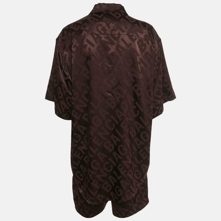 Pre Owned Balenciaga Unisex Burgundy All Over Logo Patterned Satin Shirt & Shorts Set S/M