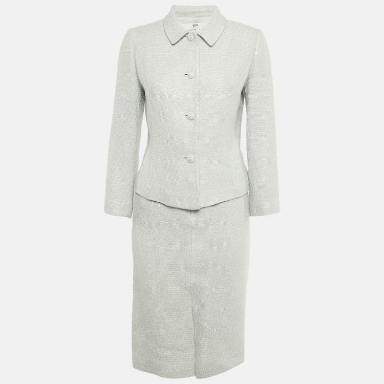 Pre Owned Balenciaga Blue Tweed Buttoned Skirt Suit M