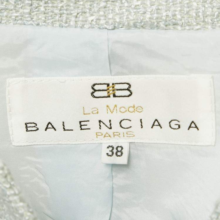 Pre Owned Balenciaga Blue Tweed Buttoned Skirt Suit M