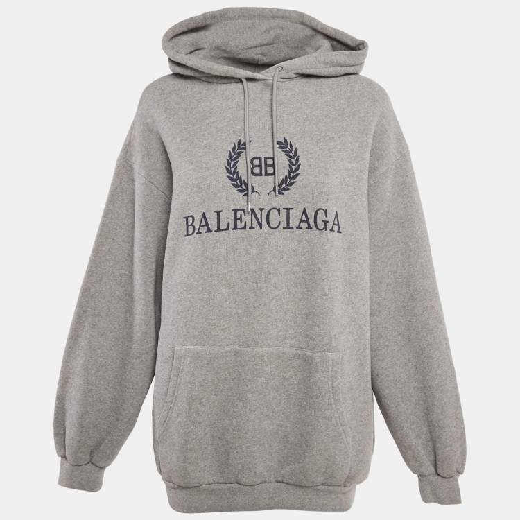 Pre Owned Balenciaga Grey Logo Print Cotton Hooded Sweatshirt XXS