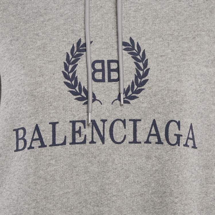Pre Owned Balenciaga Grey Logo Print Cotton Hooded Sweatshirt XXS