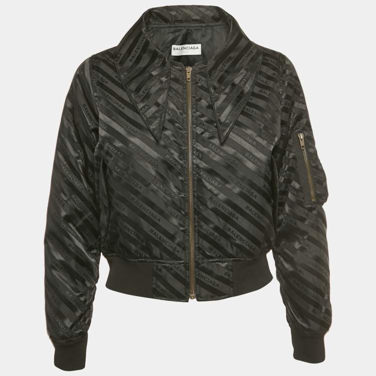 Pre Owned Balenciaga Black Logo All-Over Nylon Bomber Jacket M