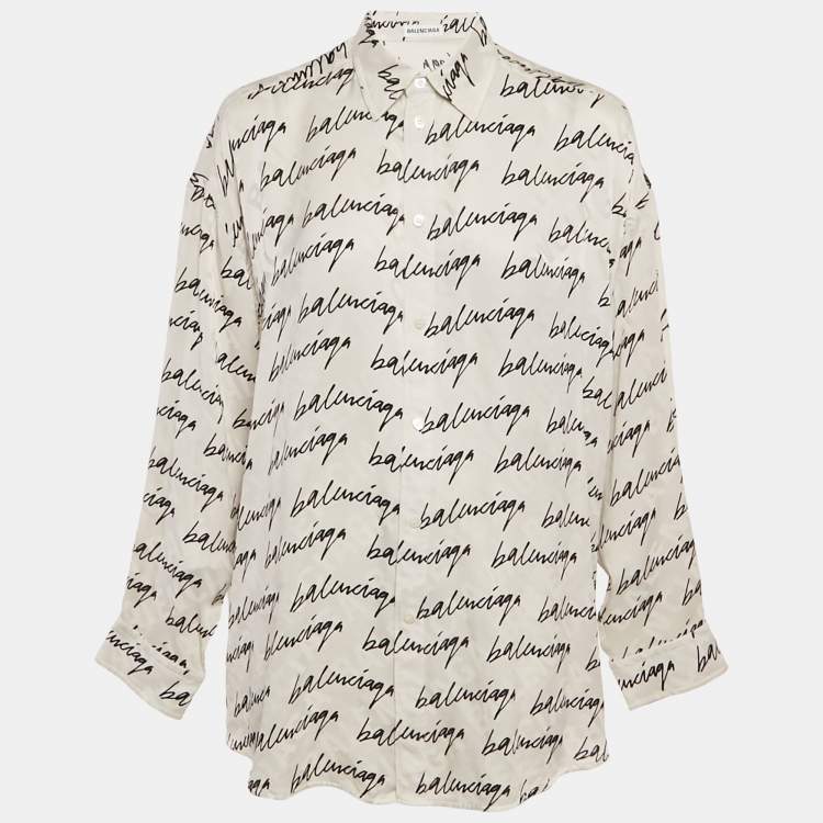 Pre Owned قميص بالنسياجا حرير أبيض طباعة شعار خربش واسع مق اس وسط (ميديوم)