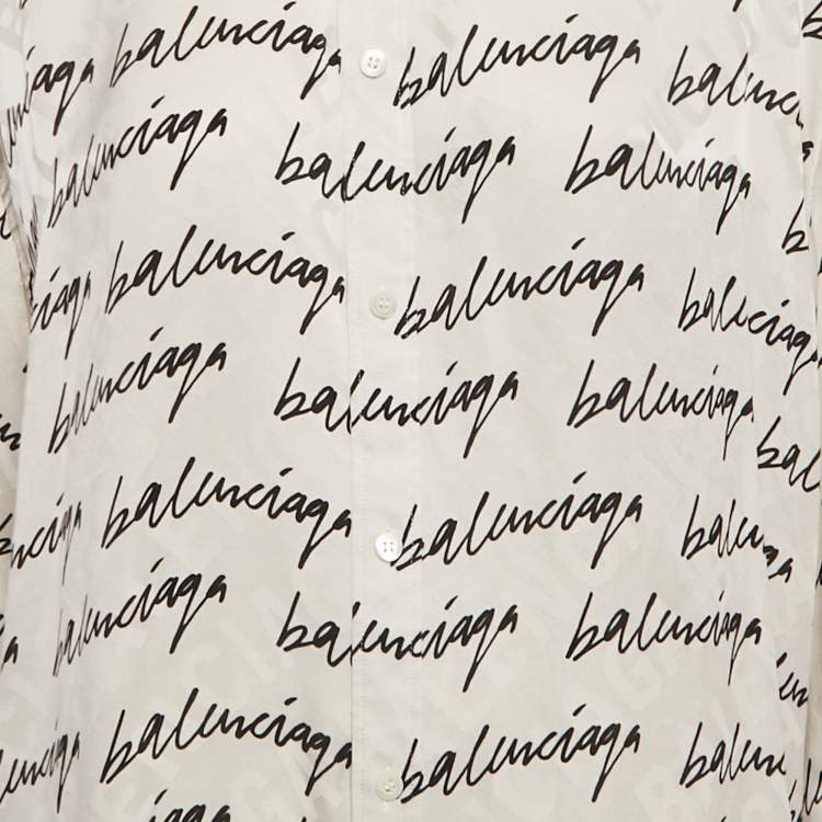 Pre Owned قميص بالنسياجا حرير أبيض طباعة شعار خربش واسع مقاس وسط (ميديوم)