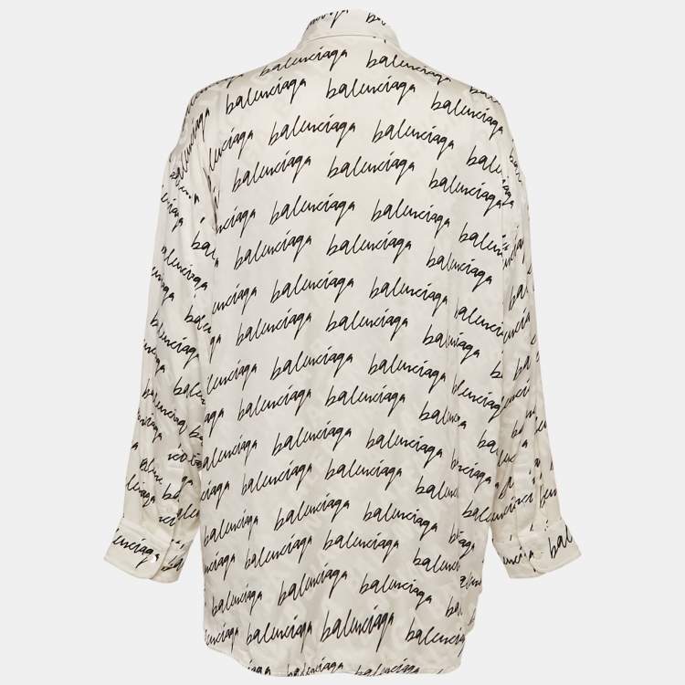 Pre Owned قميص بالنسياجا حرير أبيض طباعة شعار خربش واسع مقاس وسط (ميديوم)