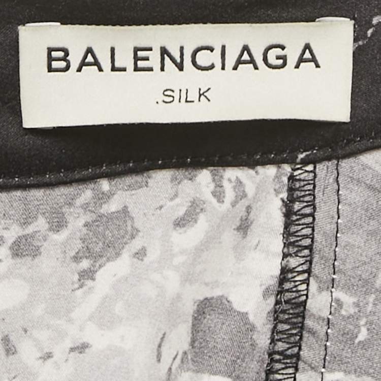 Pre Owned Balenciaga Black Printed Silk Plunge Neck Mini Dress S