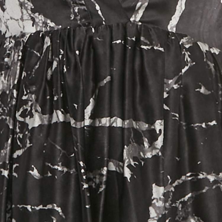 Pre Owned Balenciaga Black Printed Silk Plunge Neck Mini Dress S